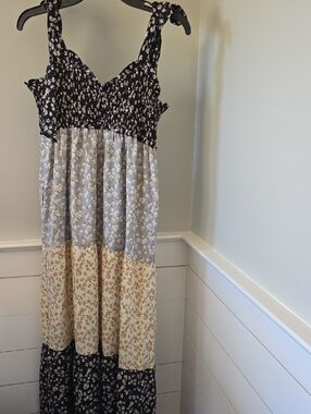 Tiered Floral Maxi Sundress in Black, Light Blue, Cream